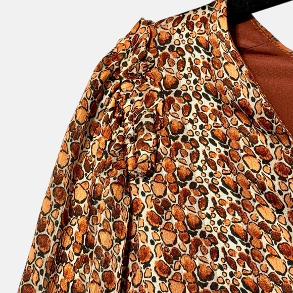 Molly Bracken Surplice Satin Metallic Rust Abstract Animal Print Babydoll Dress - Picture 5 of 14